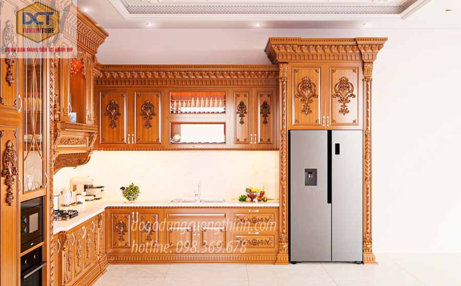 Mẫu tủ bếp tân cổ điển gỗ gõ đỏ cao kịch trần TB50GD